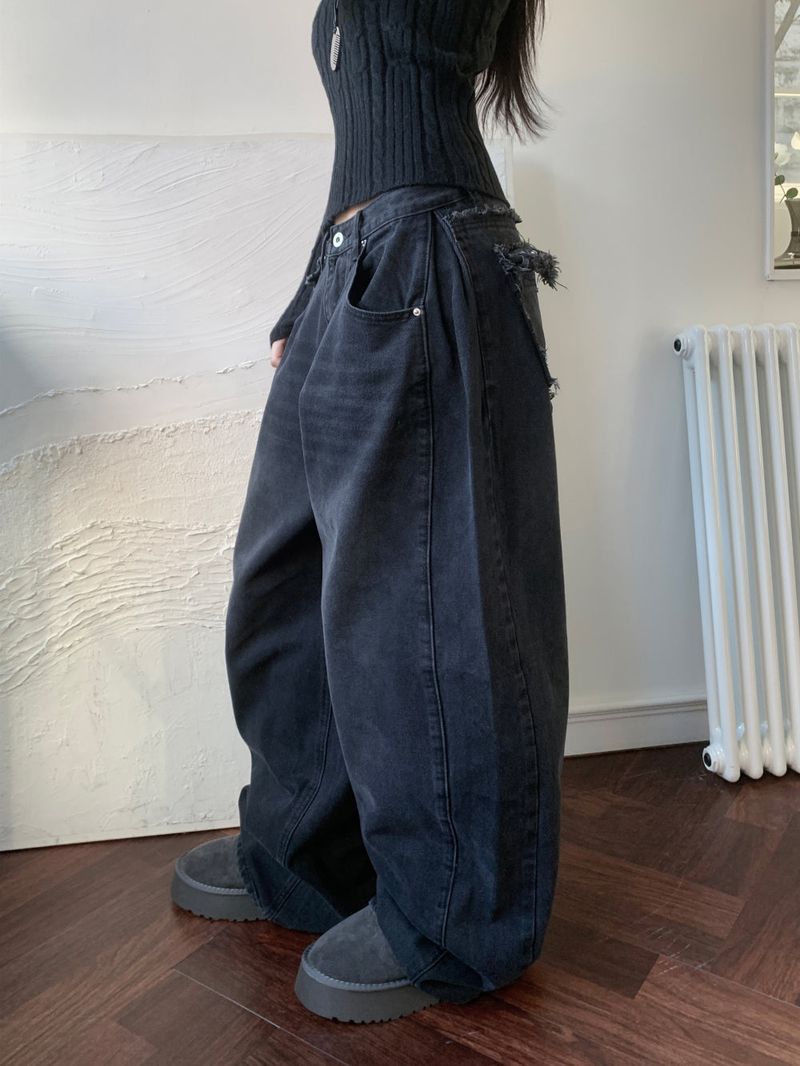 Rough Muse Tassel Ball Stud Wide Long Denim Pants