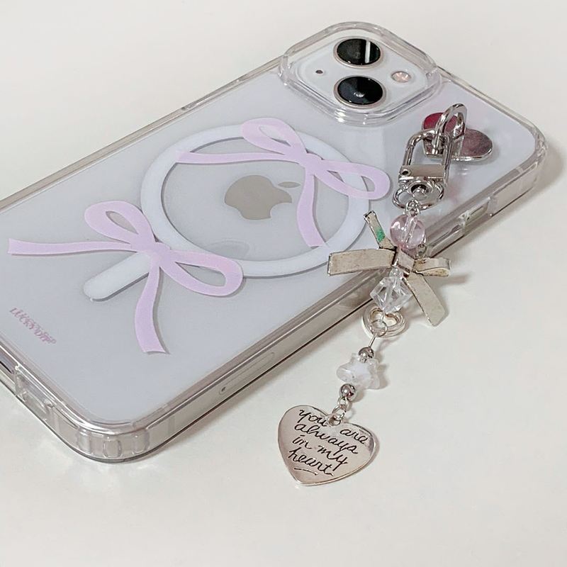 silver lettering heart ribbon key ring