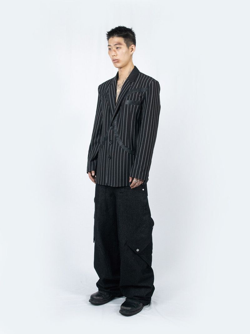 Circle Leather Patch Blazer (Black Stripe)
