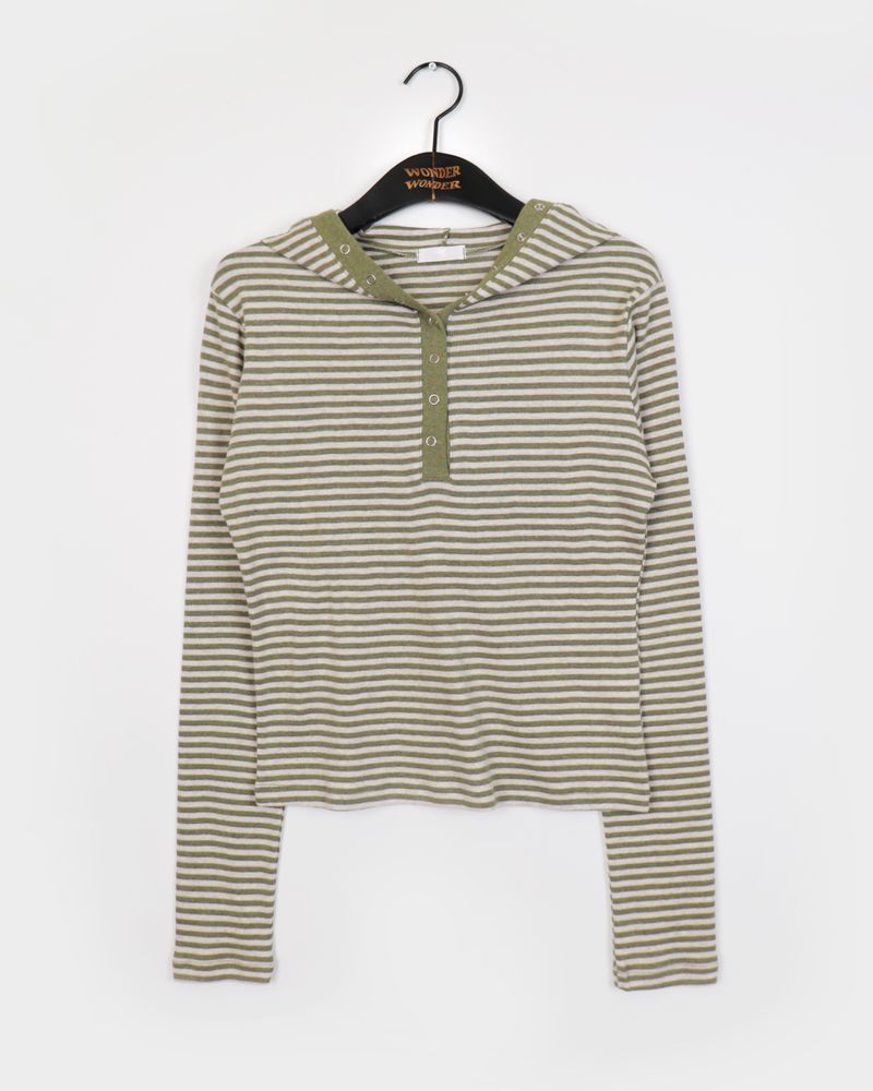 Pao Stripe Snap Button Coloring Long Sleeve Hooded T-Shirt