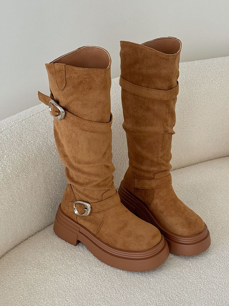 line suede buckle slouch long bootS
