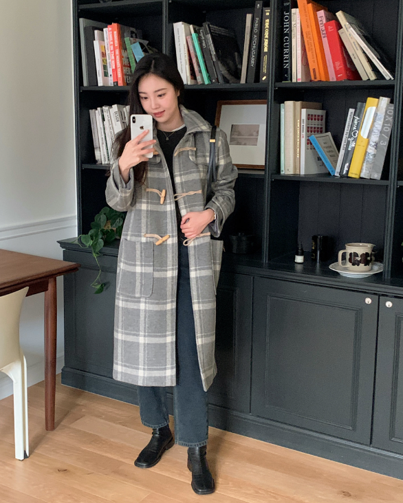 [SHOPPERMADE] Ash Gray Check Wool Long Duffle Coat