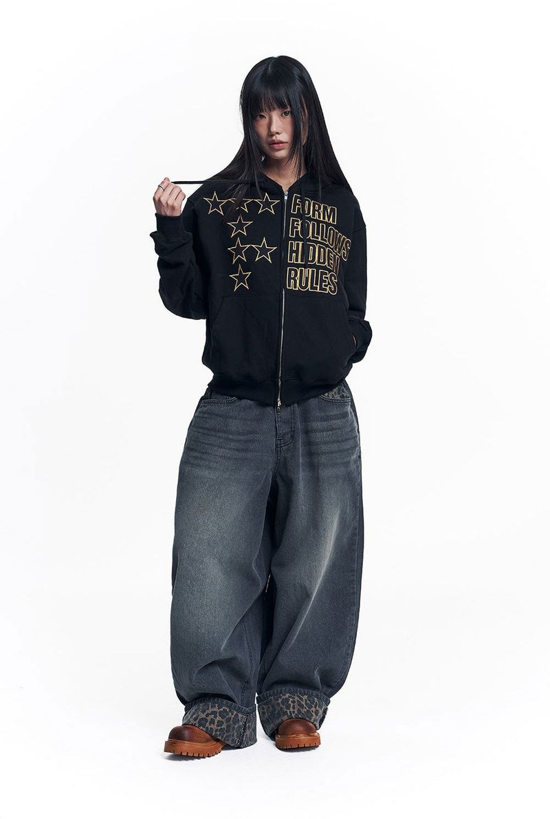 Star Lettering Patch Hoodie Zip-Up - Black