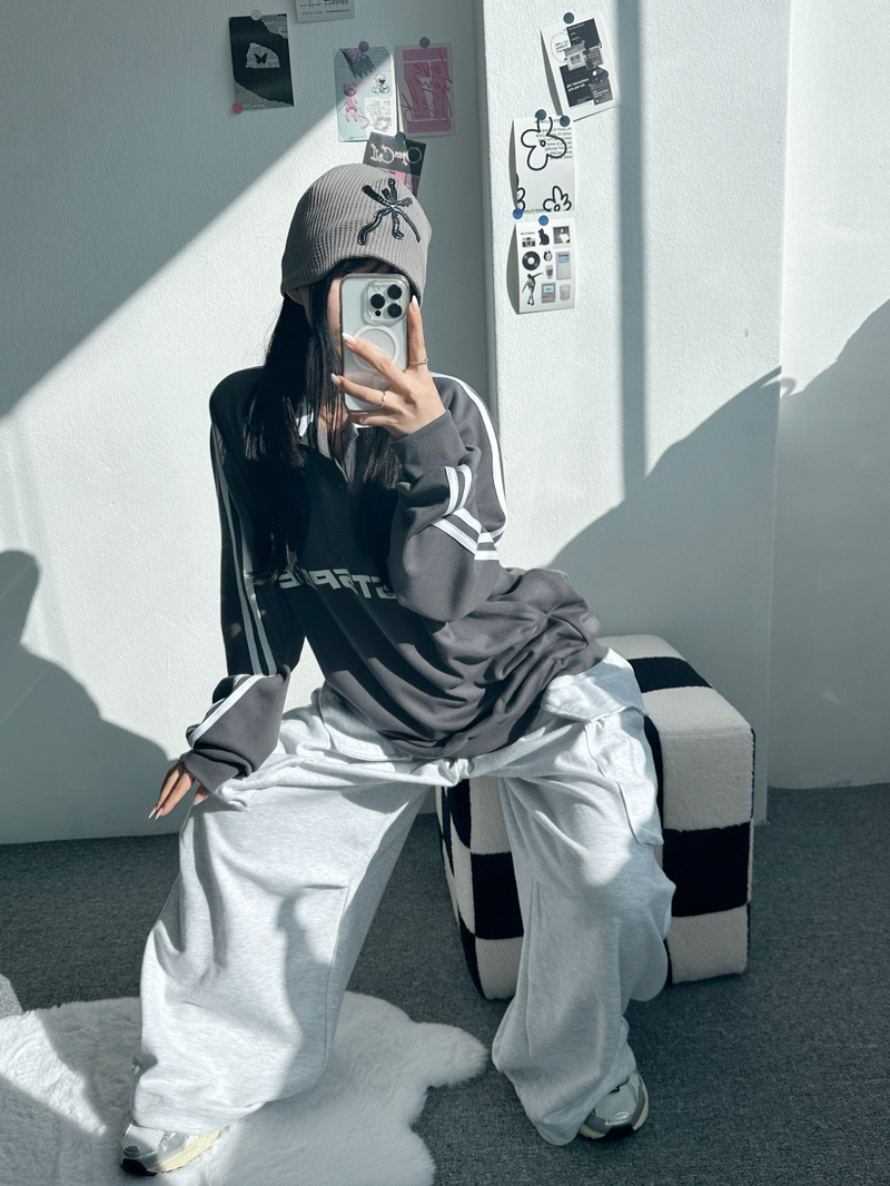 RAGLAN THREE-STRIPE COLLAR SWEATSHIRT🖤🩶🤍 - 3 COLORS