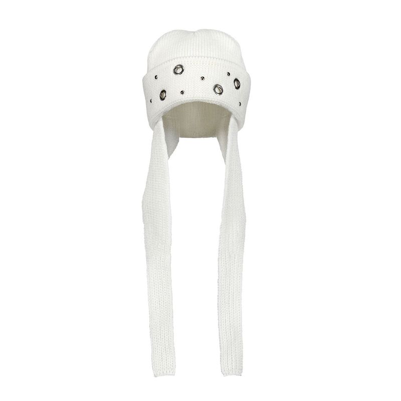 (DUC) Eyelet Stud Earflap Beanie White