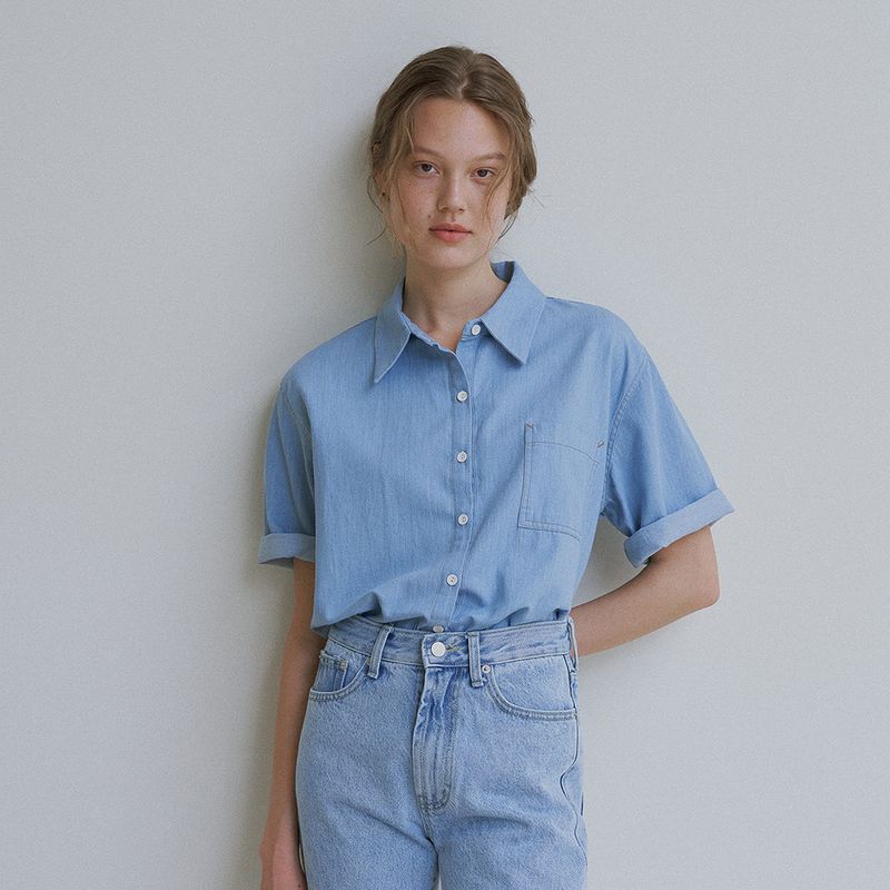 URAGO（ユラゴ）の「Denim stitch half shirt（Tops）」