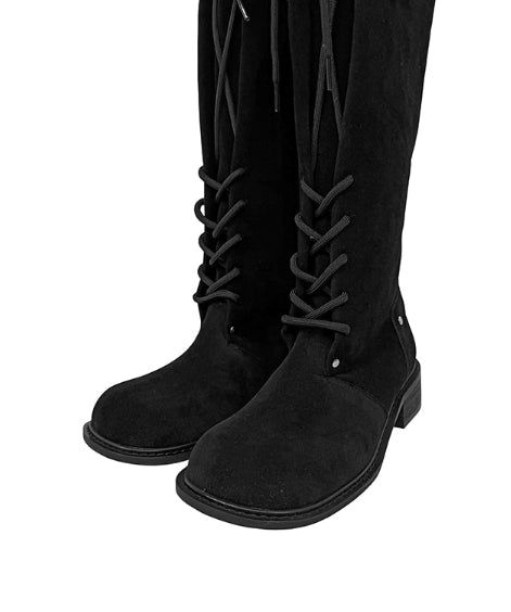 Semu lace-up fold long boots