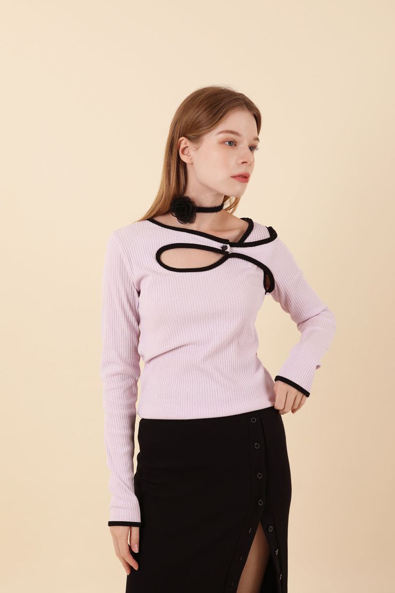Line Contrast Slim T-shirt Purple