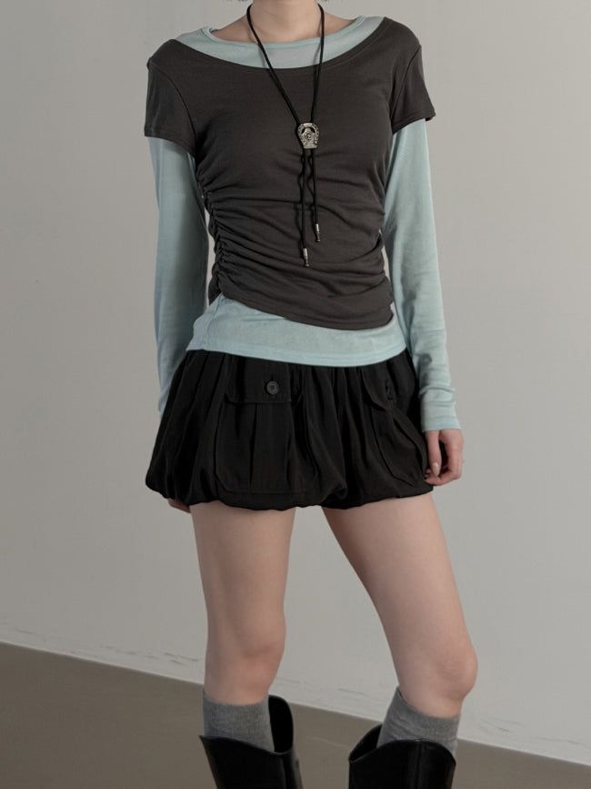 mnem（ムネム）の「Dual Layered Color Matching Boat Neck Tee（Tops）」