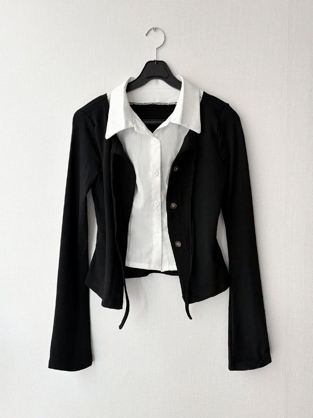 Crop Shirt Layered Cardigan SET