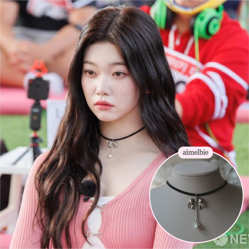 [IVE Wonyoung Necklace] Romantic bow and pearl drop choker - Silver Color