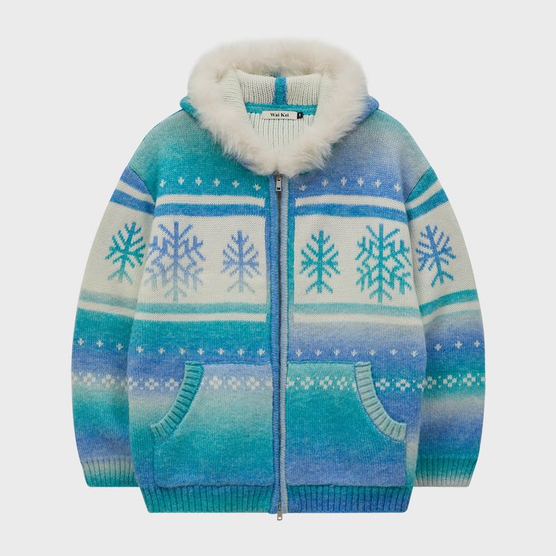 Snow Gradation Fur Hood Knit Zip Up