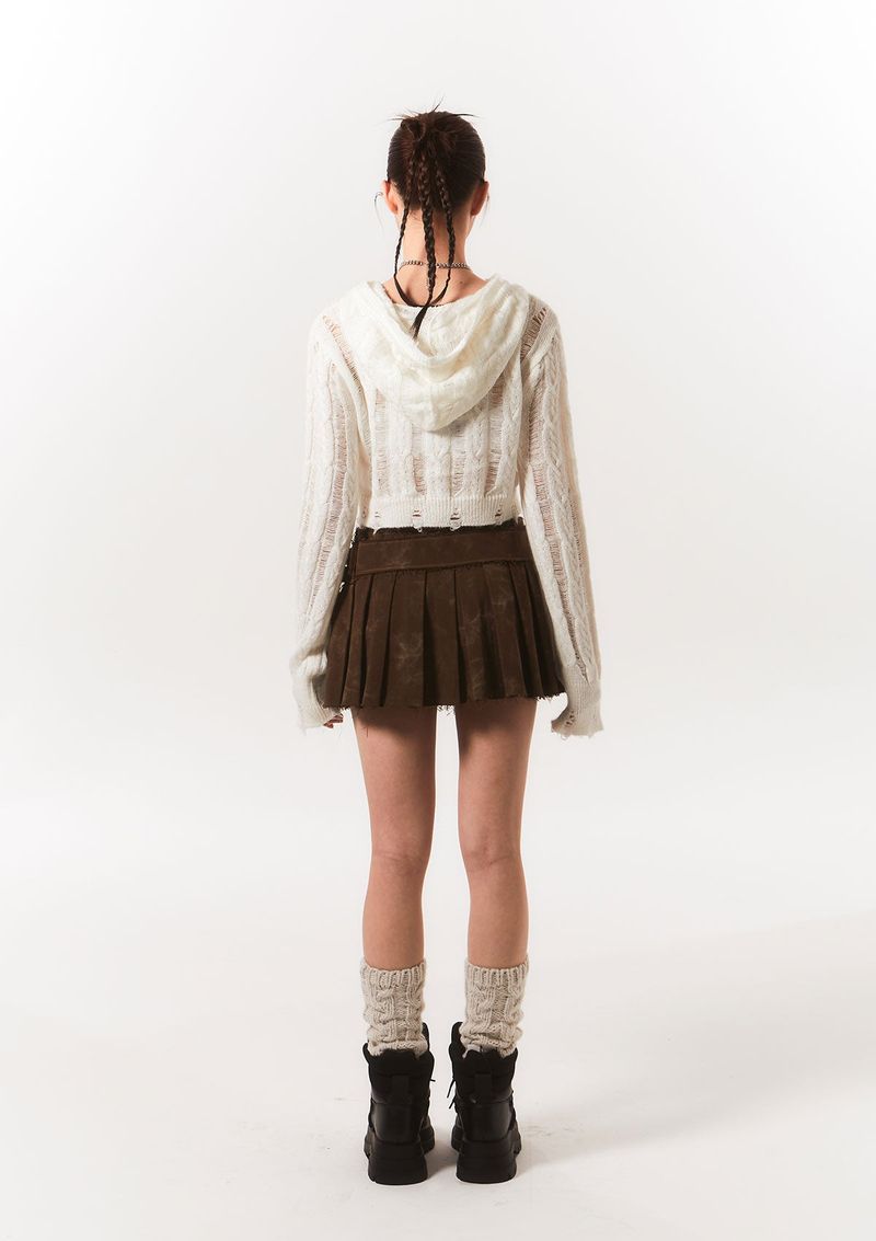 rough belted pleats sk - brown