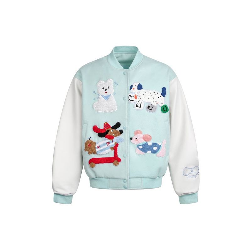 Preppy Accent Mint Cartoon Embroidered Varsity Jacket