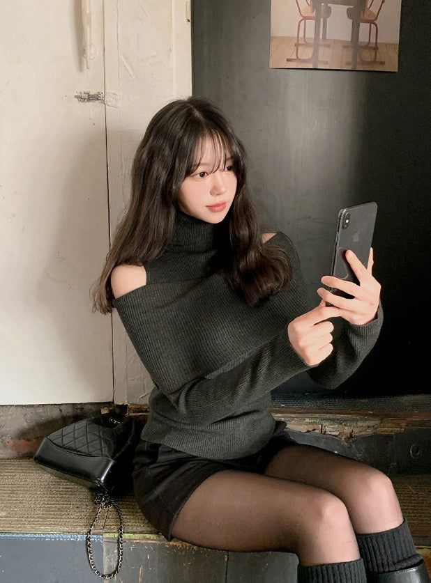 #Turtle Neck & Off Shoulder Layered Rib Knit (3color)