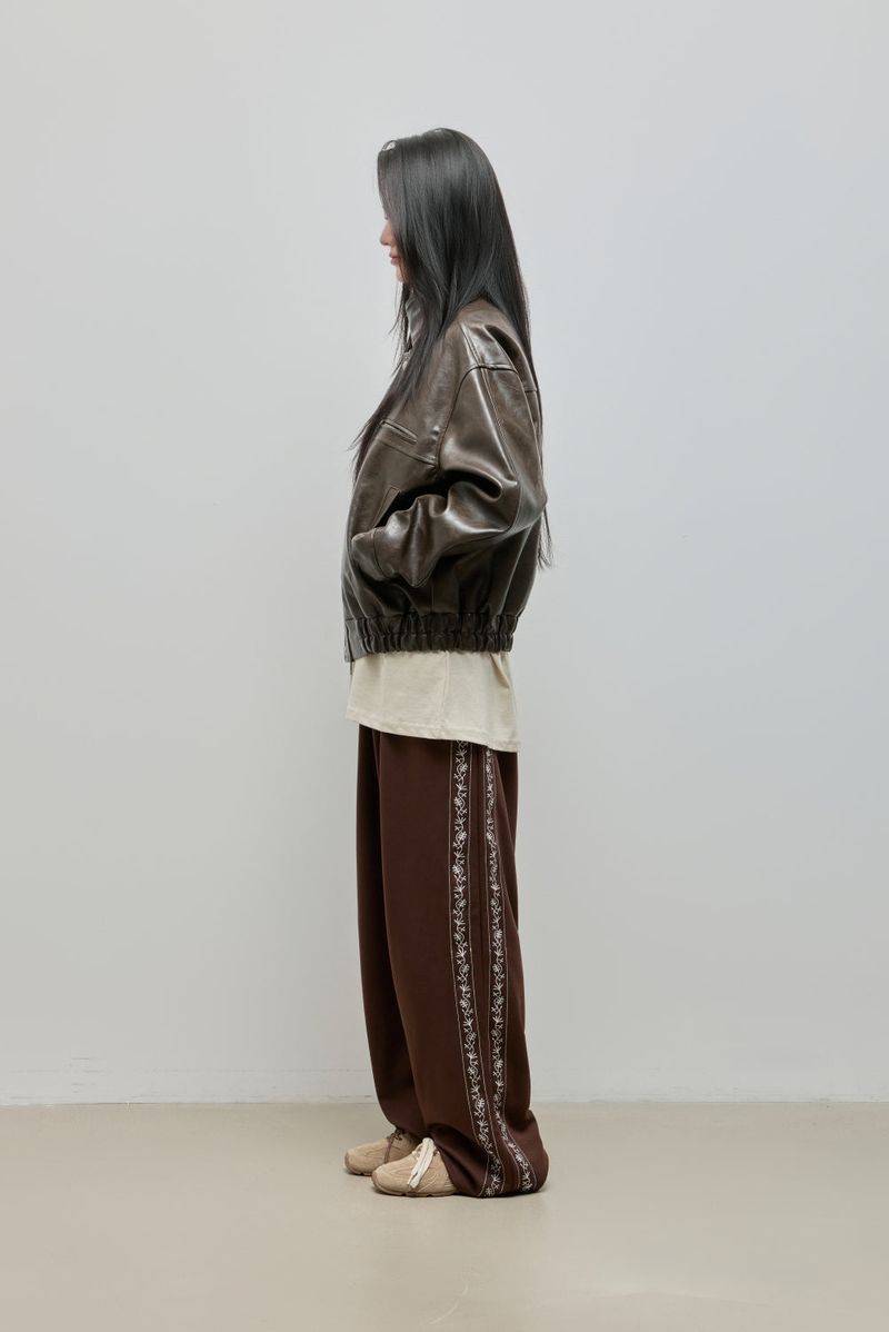 High-neck Leather Jacket_Brown
