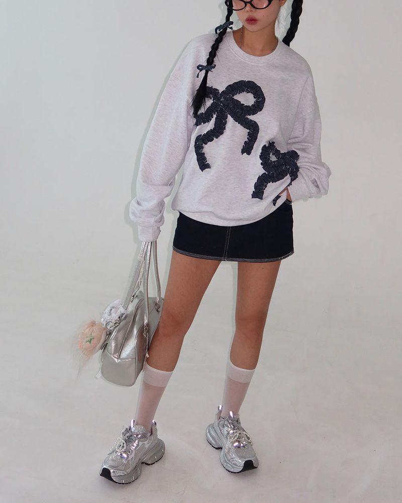 denim ribbon oversized fit sweatshirt