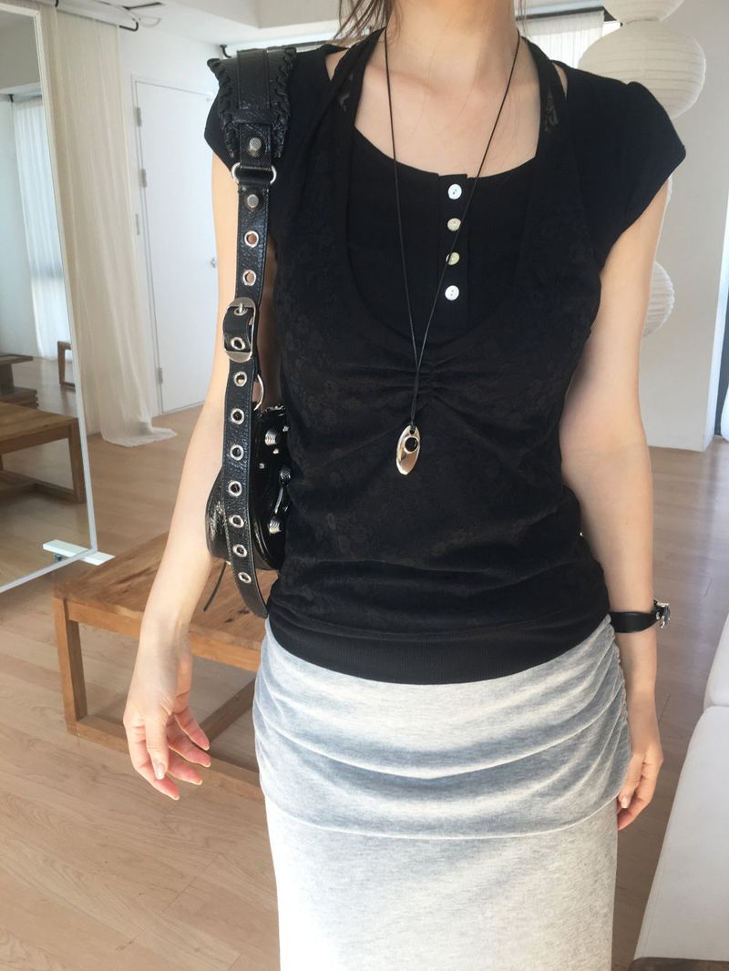 Gather lace halter T