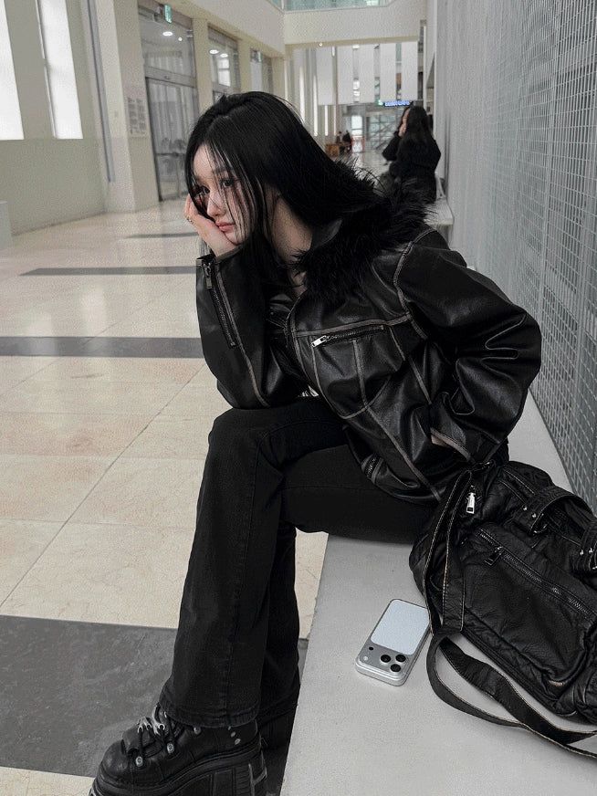 Vintage Noir Leather Zip-up