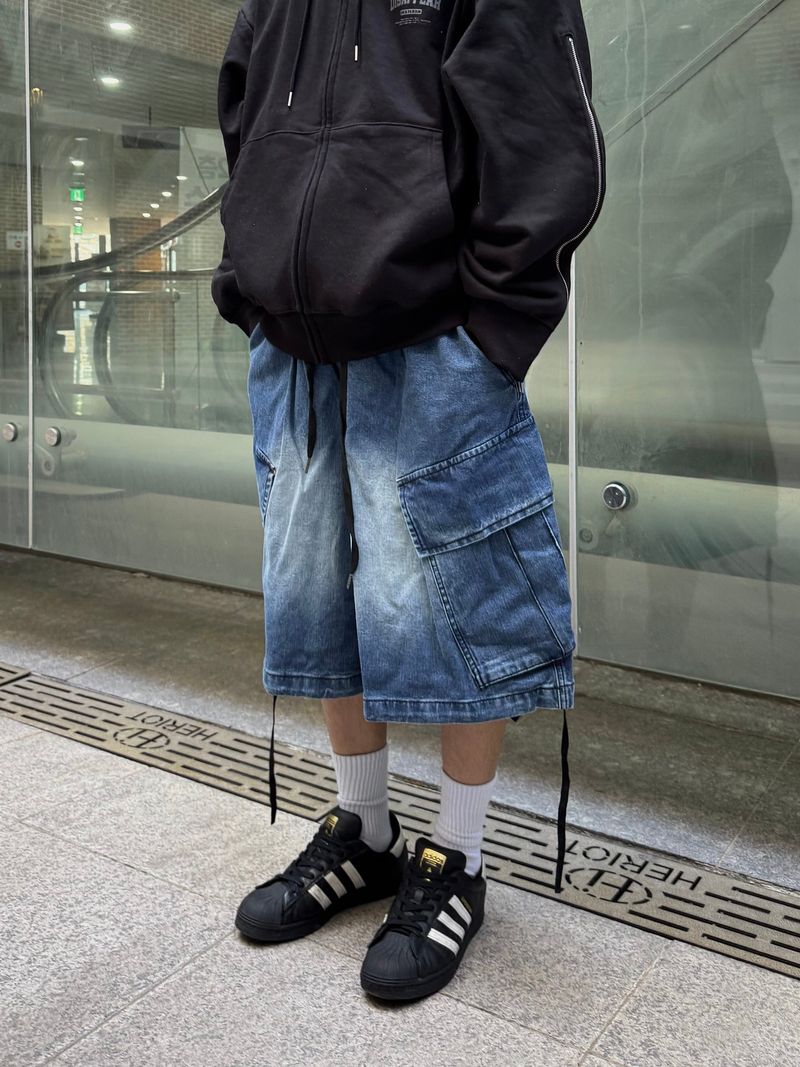 oblique cargo denim bermuda pants