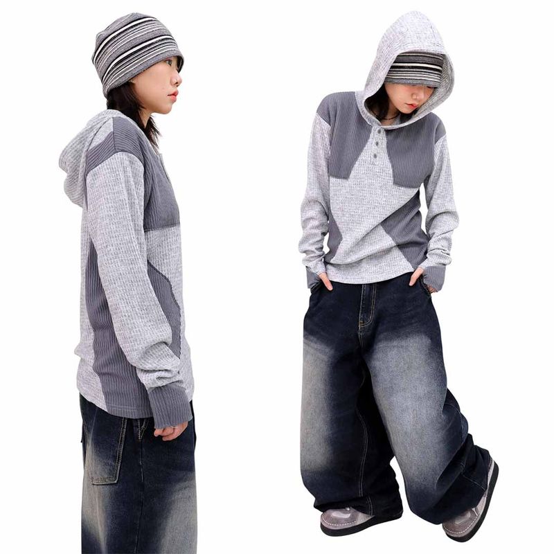 Colorblock Waffle Button Warmer Hoodie