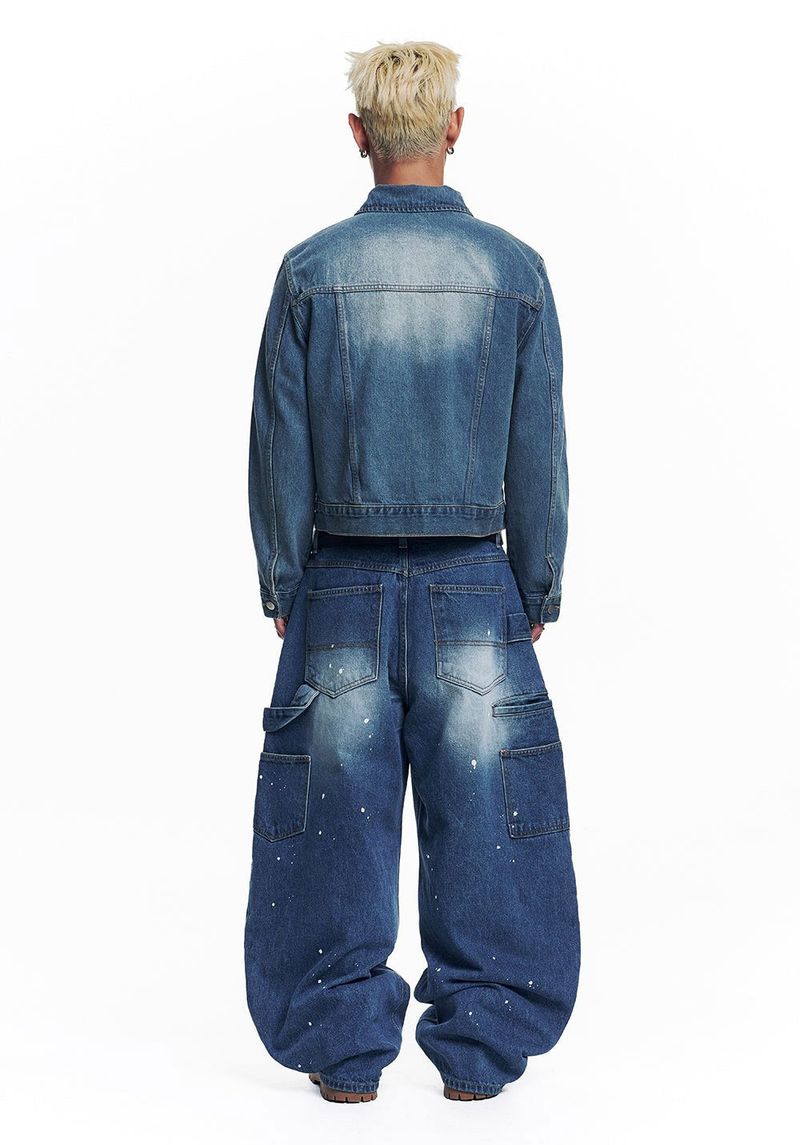 Curved Double Knee Denim Pants - Deep Blue