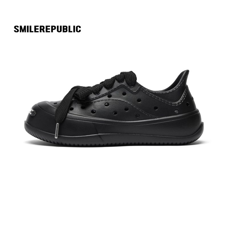 Black Perforated Lace Up Platform Shoes with Smile Toe Design