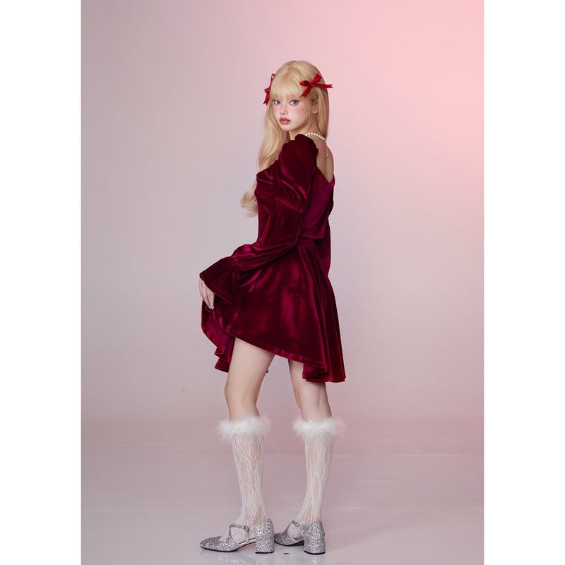[Girly Fancy Club] レトロレッドベルベットツーピースプリンセスドレス