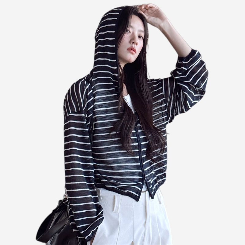 La mode MAQI(ラ モード マキ)の「Relaxed Striped Double-Zip Hooded Knit Cardigan(Tops)」