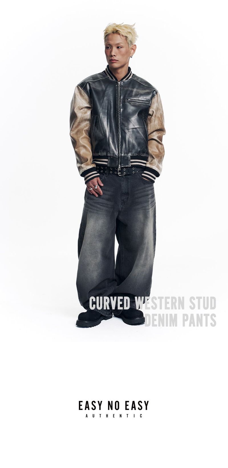 Curved Western Stud Denim Pants - Black