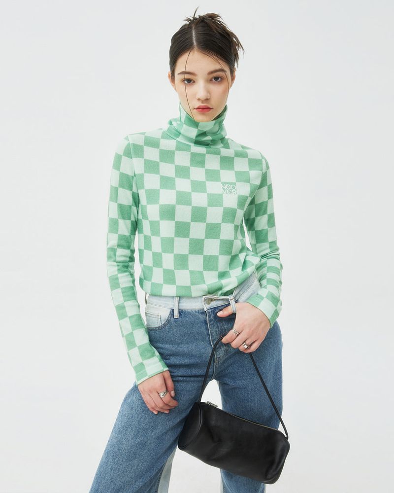 CHECKER BOARD TURTLENECK KNIT-GREEN