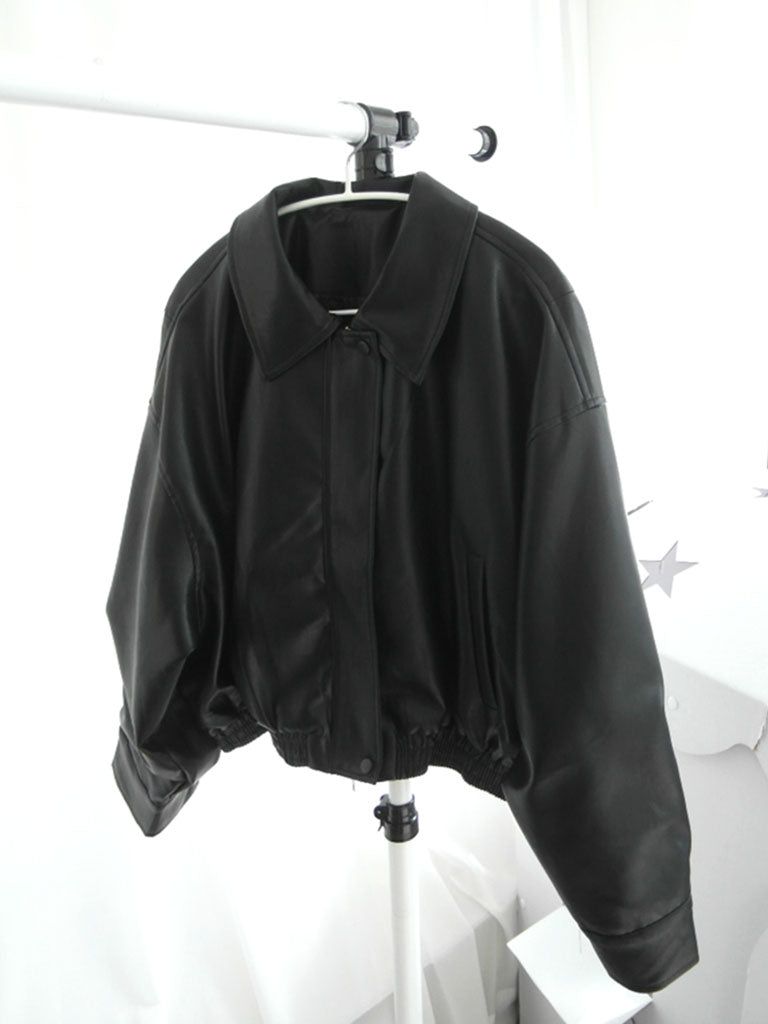 Oversized fit leather cropped jacket collar jumper