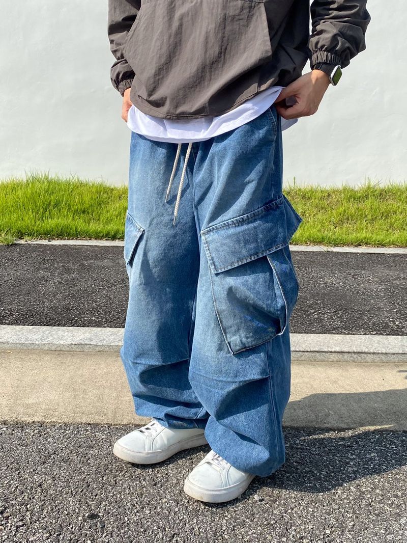 diagonal Washing balloon cargo denim pants 2C