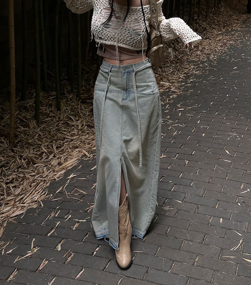 Strap belt Set Denim Long Skirt