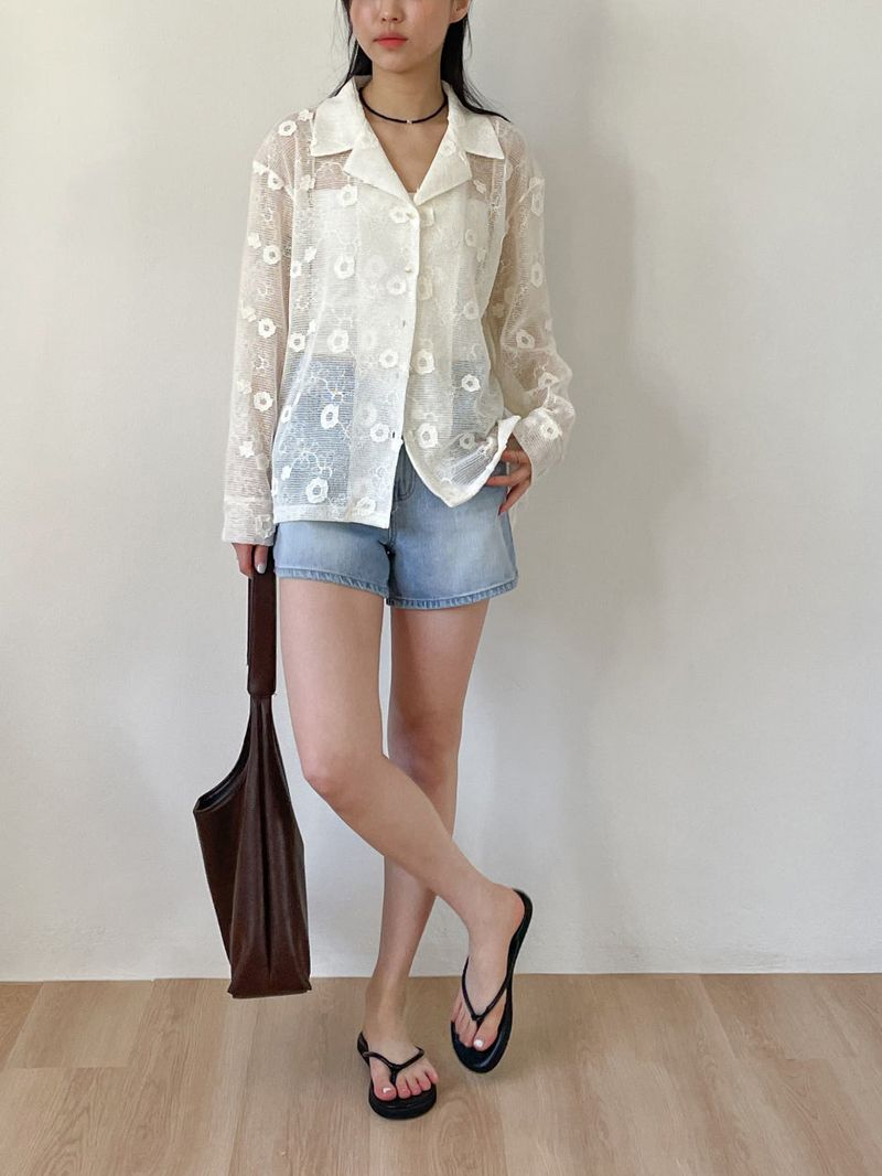 Flower Net Collar Neck Shirt