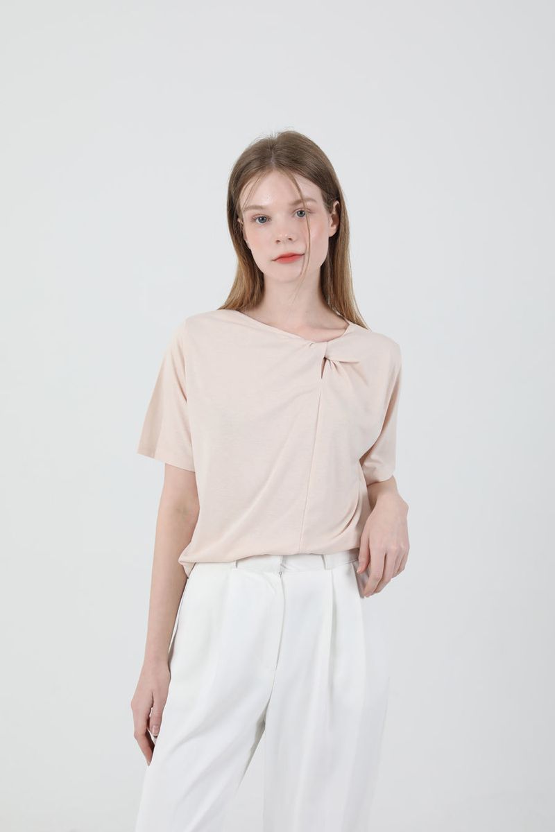 Modern Slit Shirring T-shirt Beige