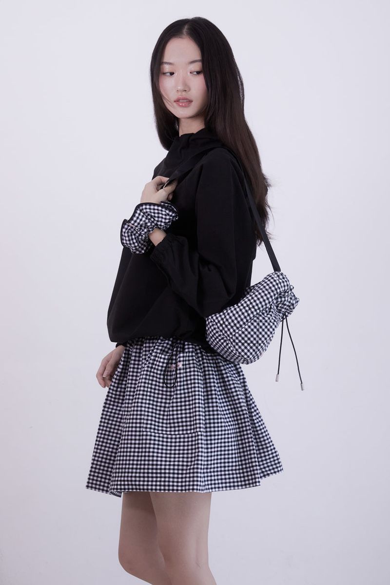 Gingham check pocket shirring mini skirt (BLACK)