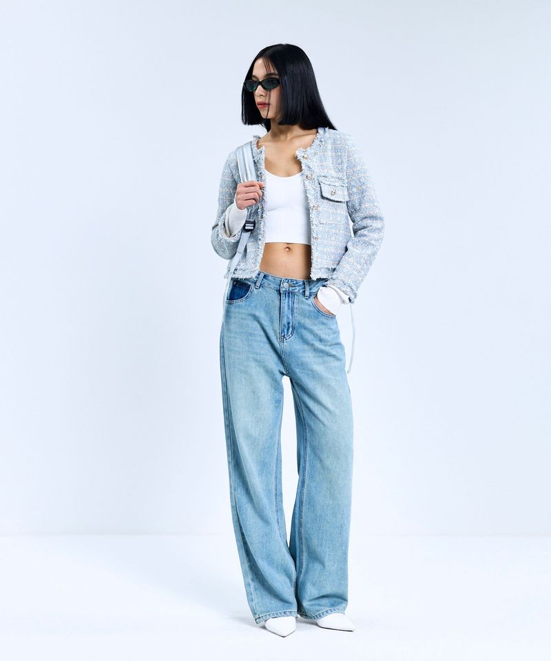 vivabrown（ビバブラウン）の「85-VIVAJ048 Multi-Color Crop Tweed Jacket Sky Blue（Jackets/Outerwear）」