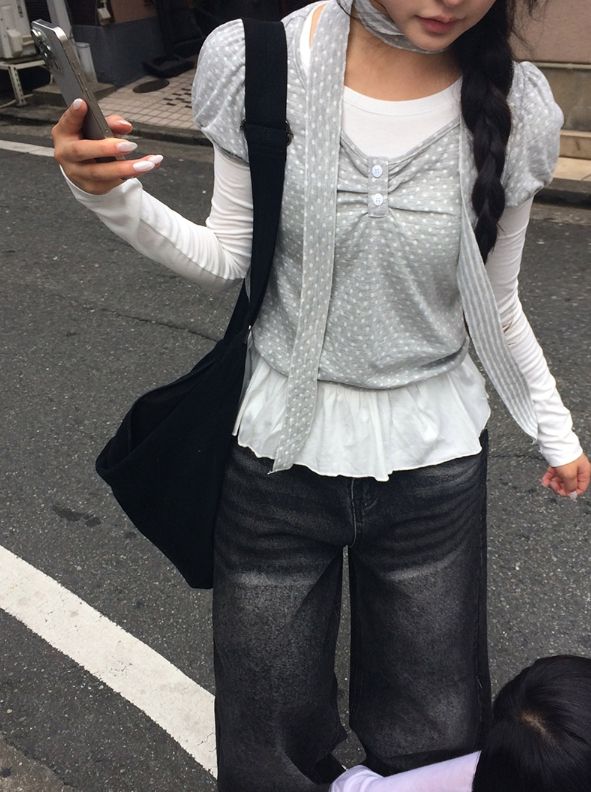 [3-piece Scarf set] ビューレン ドット レイヤード ボタン シャーリング ロングスリーブ Tシャツ