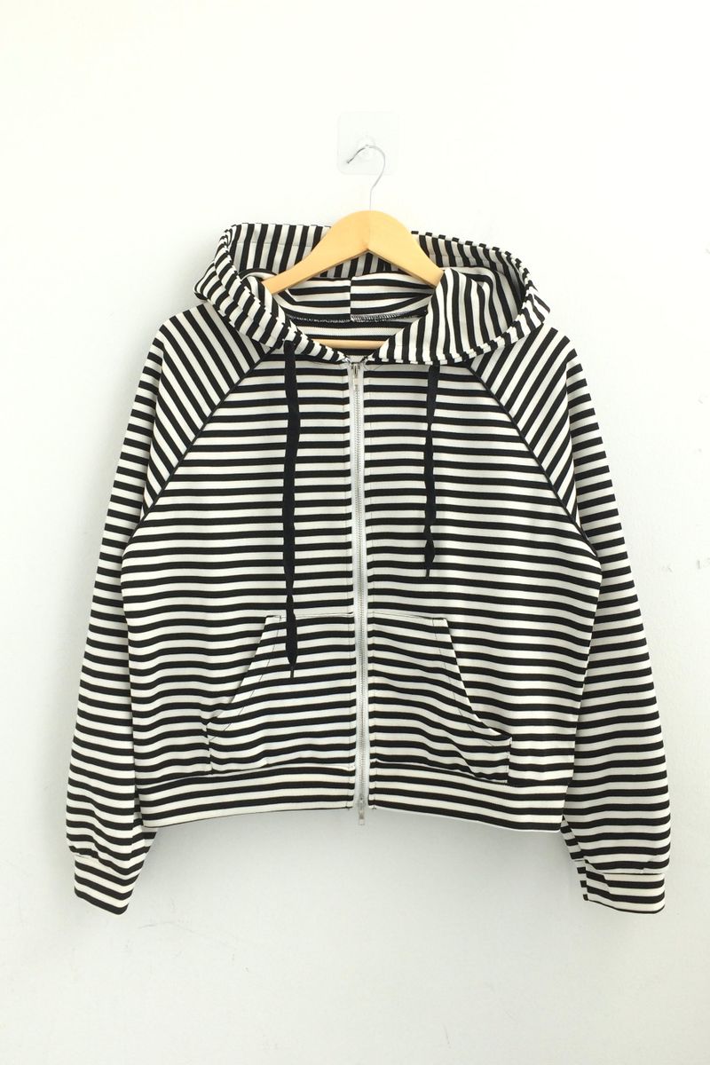 Stripe Semi-Crop Hooded Zip-Up