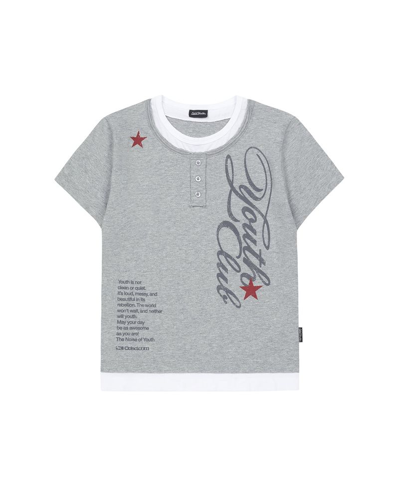 ODDSTUDIO（オッドスタジオ）の「カットオフ スター レイヤード ヘンリーネック グラフィックTシャツ ミランジェグレー（トップス）」