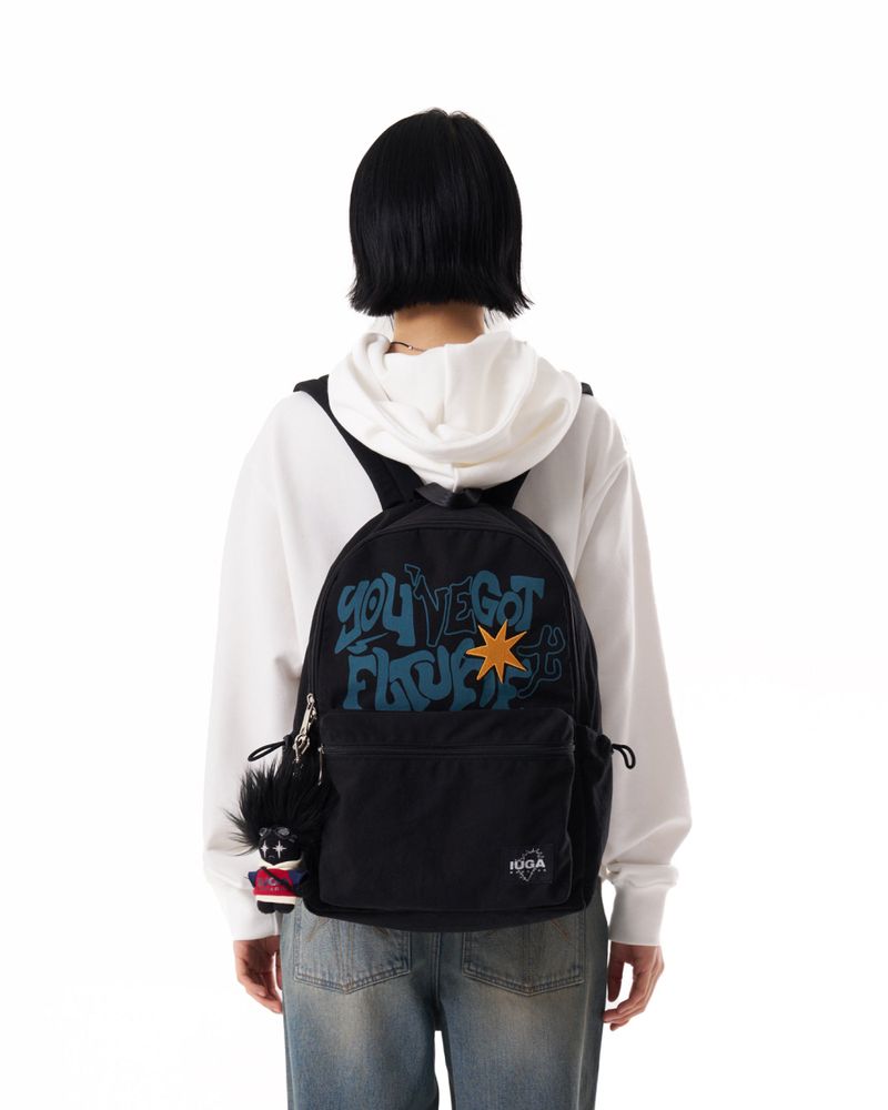 Printed Twill Pocket Backpack (Black)