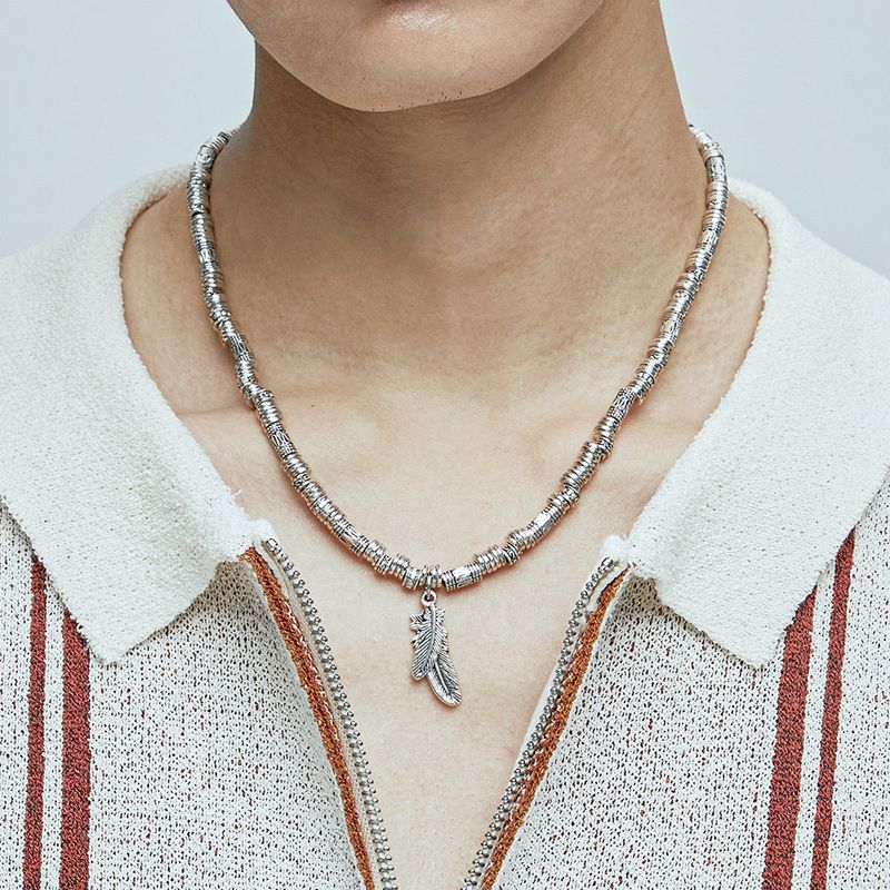 feather & antique silver beads necklace