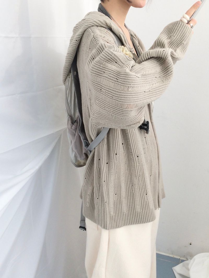 Punch Damage Hooded Knitwear Zip-Up