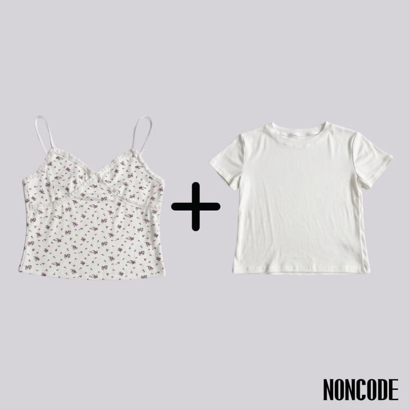 Cute Small Floral Lace Bustier Short Sleeve Set