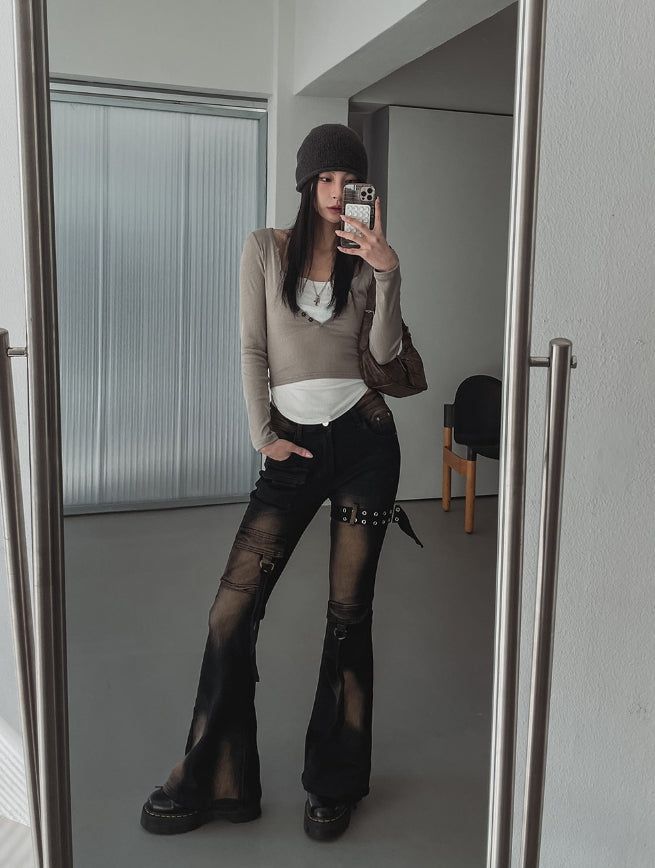 Boldy Eyelet Belted Bootcut Denim Pants