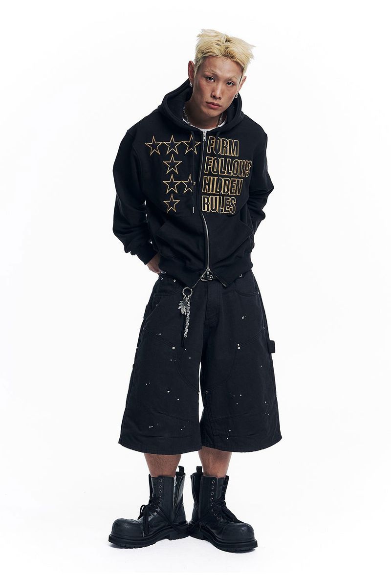 Star Lettering Patch Hoodie Zip-Up - Black