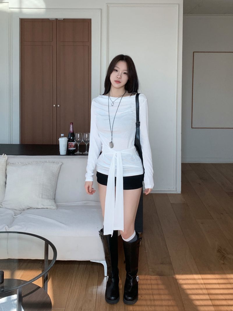 Loving Front Wrap Tie Boat Neck Long Sleeve Tee 