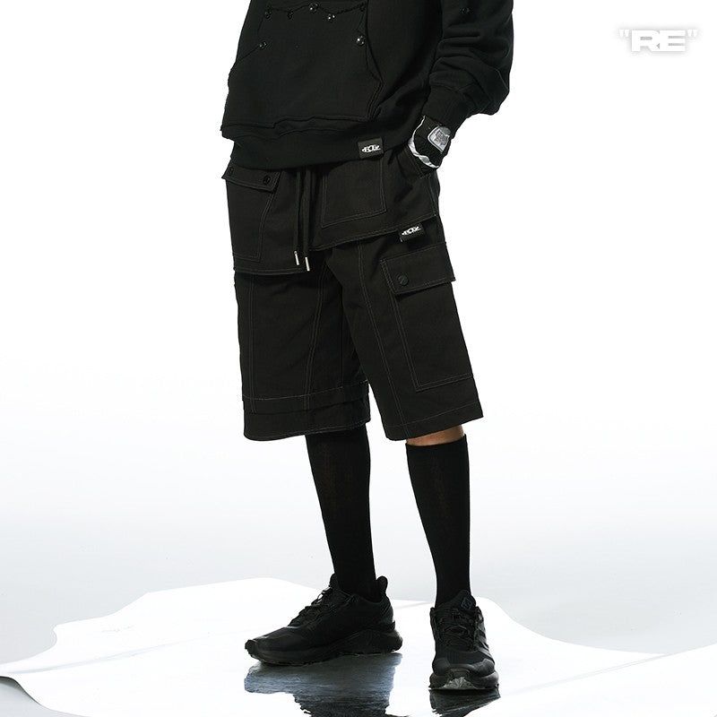 RELABEL Loose External Pockets, Multi-Layered Segmented Splicing and Deconstruction, Metal Stud Decoration, Shorts
