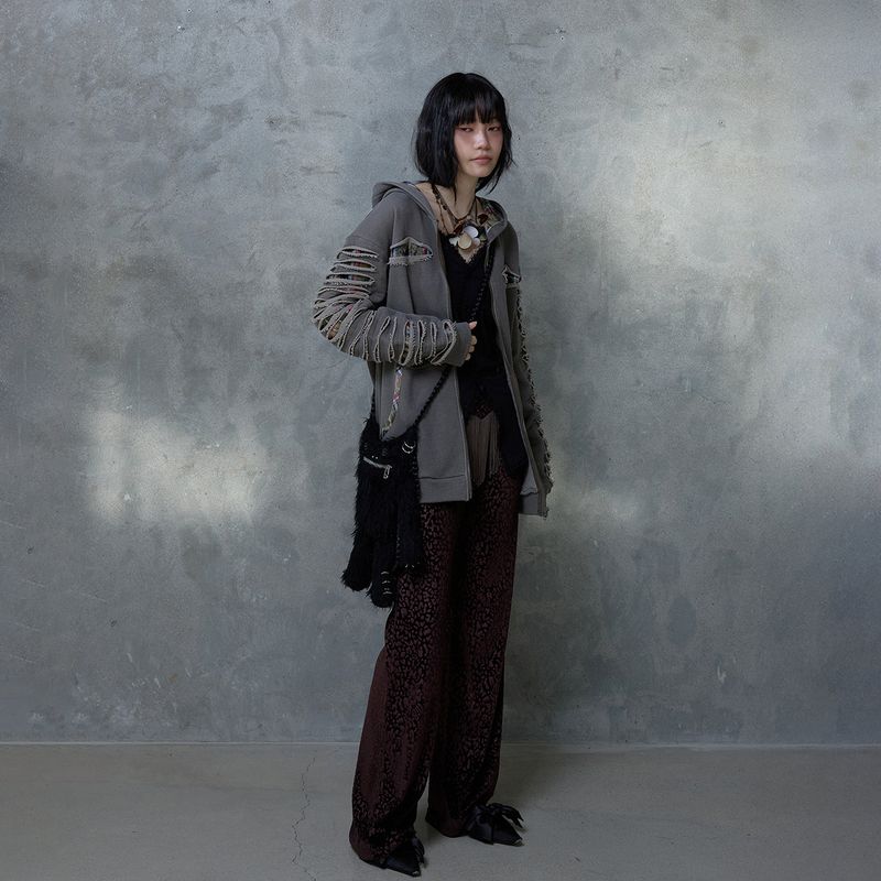 SLASHED CHECK HOODIE: BROWN